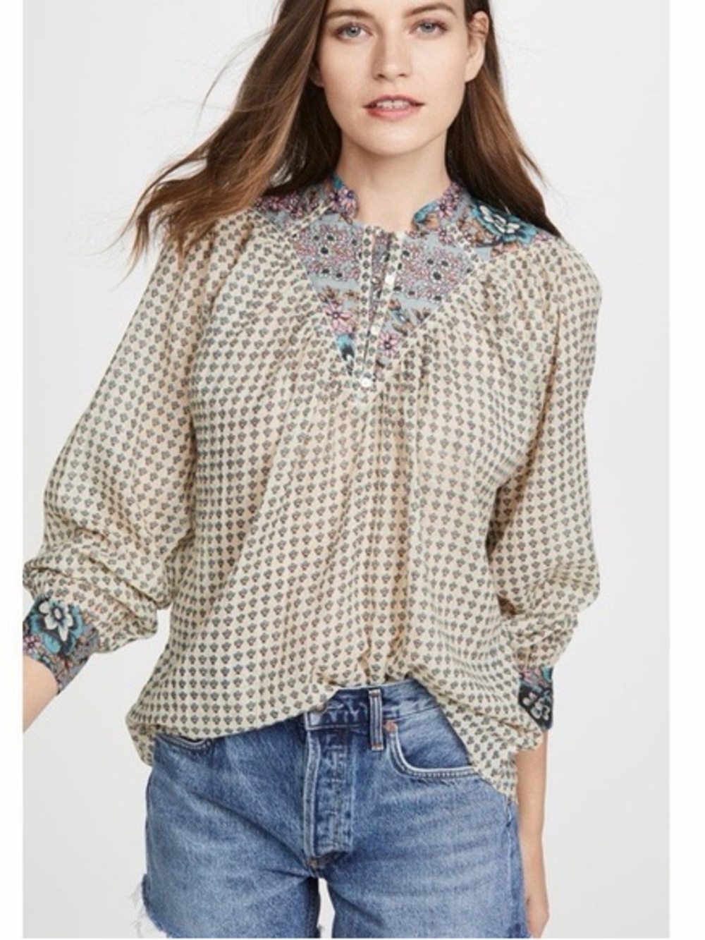 Antik Batik Cream Printed Peasant Blouse with Blue Accents